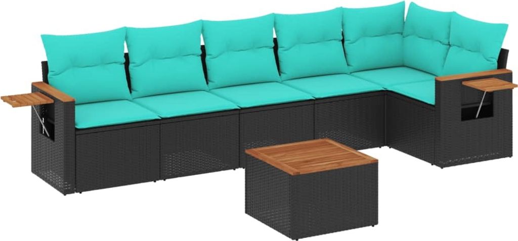 7-tlg. Garten-Sofagarnitur mit Kissen Schwarz Poly Rattan