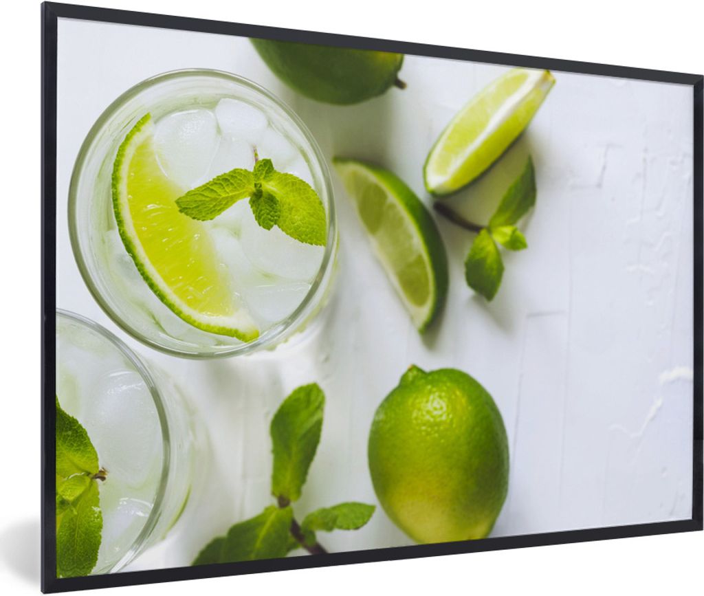 MuchoWow Gerahmtes Poster Mojito-Cocktail mit Limette und Minze im Glas 90x60 cm - Poster mit Schwarzem Bilderrahmen Wandposter Rahmen Foto Bilde...