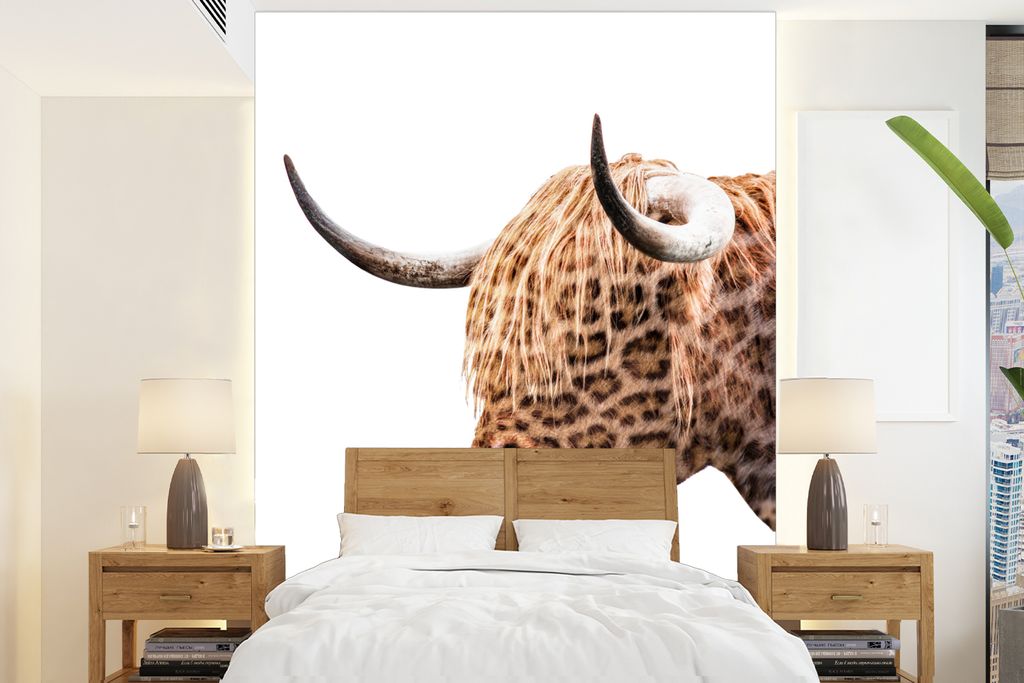 MuchoWow Fototapete für Wohnzimmer oder Schlafzimmer Wandtapete Vinyl Motivtapete Schottischer Highlander - Weiß - Pantherdruck - 205x280 cm - ...