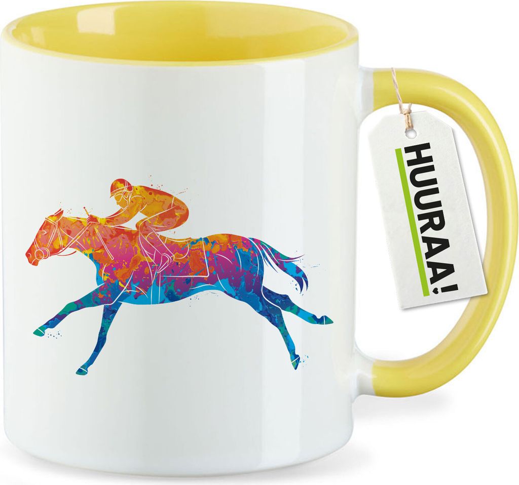 Huuraa Kaffeetasse Pferderennen Jockey bunte Silhouette 330ml Gelb Keramik Kaffeebecher Geschenkidee