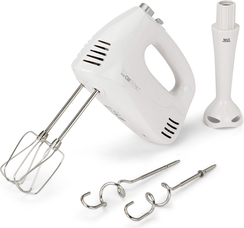 A white Clatronic hand mixer with attached beaters and a separate immersion blender attachment, displayed against a white background.