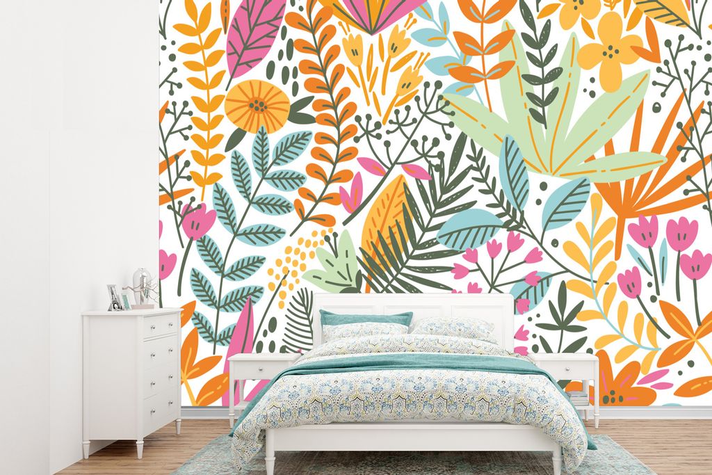MuchoWow Fototapete für Wohnzimmer oder Schlafzimmer Wandtapete Vinyl Motivtapete Sommer - Blätter - Pflanzen - Weiß - 330x240 cm - Vinyltapete