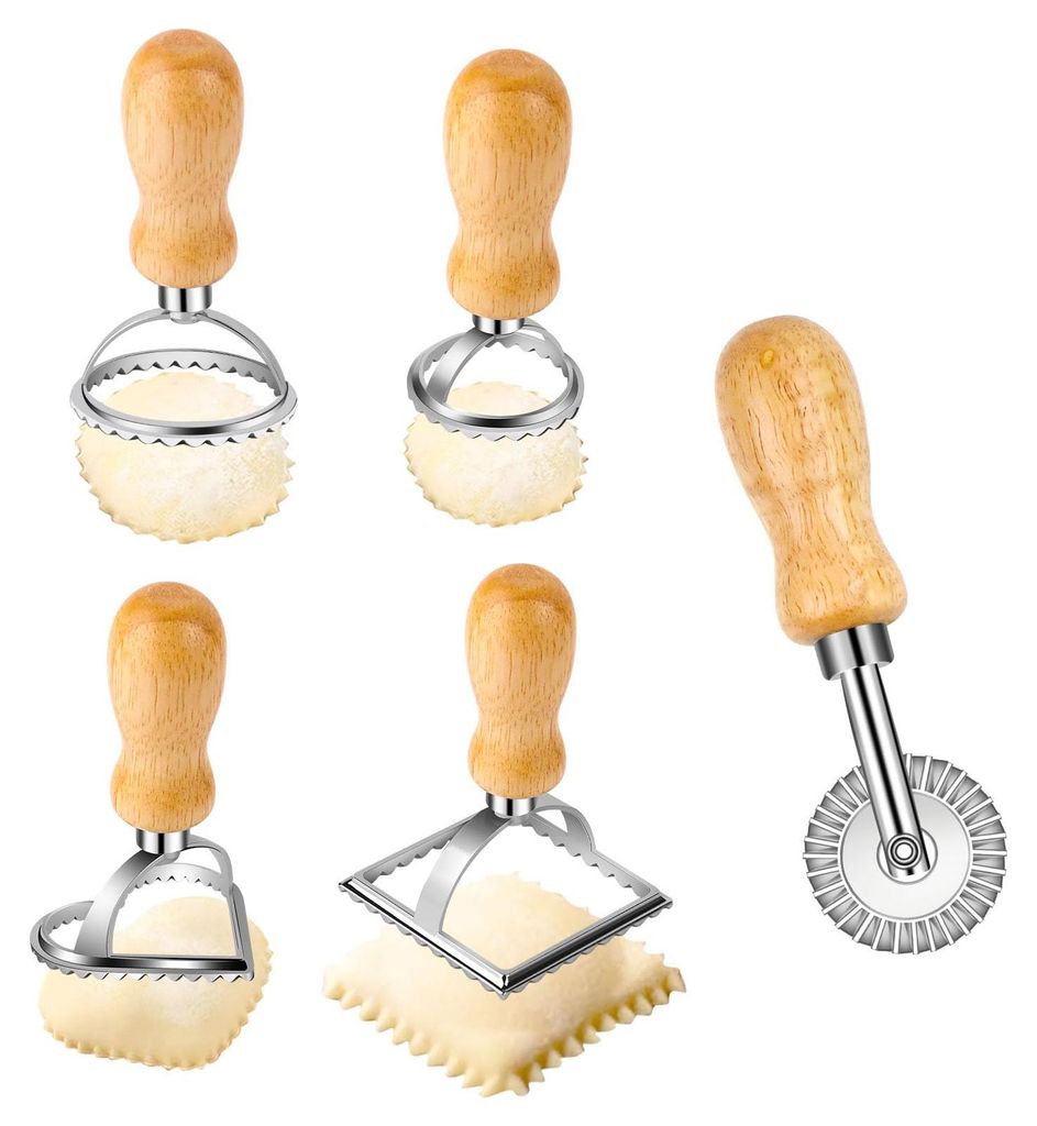 5-teiliges Set mit Ravioliformen: quadratische, runde und herzförmige Ravioliformen, Pizzaschneider und Stempel zur Herstellung von Ravioli (Teigt...
