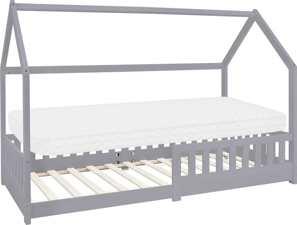 ML-Design Kinderbett 90x200 cm mit Matratze, Rausfallschutz, Dach und Lattenrost, Hellgrau, Hausbett aus Kiefernholz Bodenbett Holzbett
