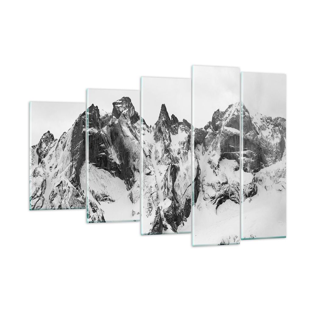 Bilder auf glas - 5 Teile - Alpen Schnee Monochrom - 150x100cm - Glasbilder - Wandbilder - Bilder - zum Aufhängen bereit - Wanddekoration aus Glas...