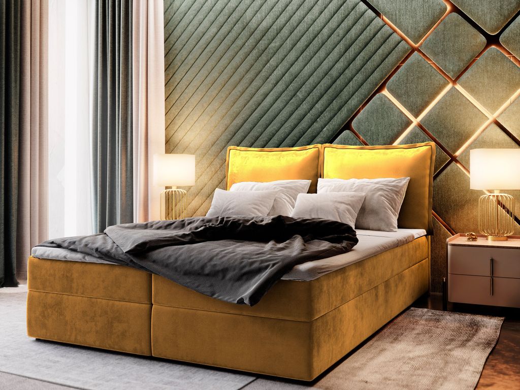 Masseno Boxspringbett LENTE M 140x200 cm Komplett-Set mit Bonell Matratze und Topper, Polsterbett mit Bettkästen -Gelb, MONOLITH 48