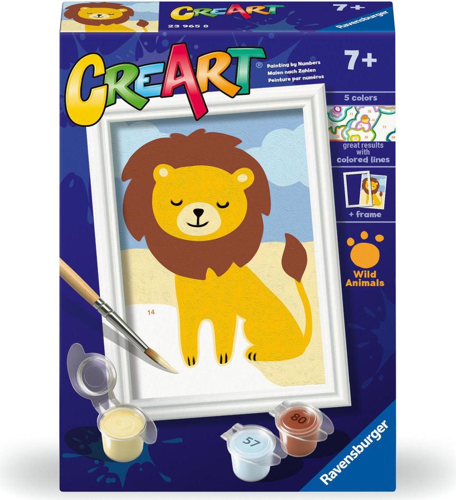 Ravensburger - CreArt Serie F: Verspielter Löwe, Malen nach Zahlen, Malset für Kinder, inklusive Rahmen, pädagogisches und kreatives Spiel, Gesc...