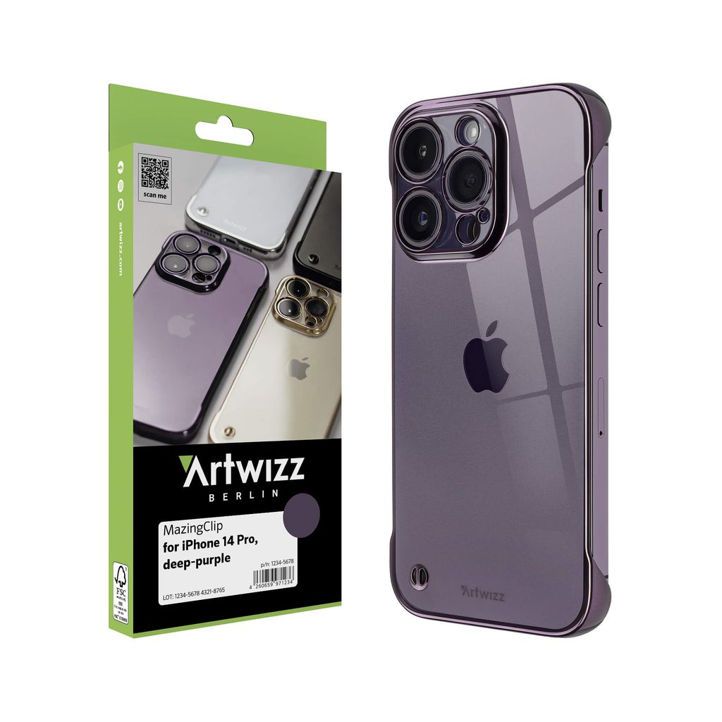 ARTWIZZ MazingClip für iPhone 14 Pro - Schutzclip in Metalloptik und transparenter Rückseite für originales iPhone Feeling - Deep-Purple (Lila)