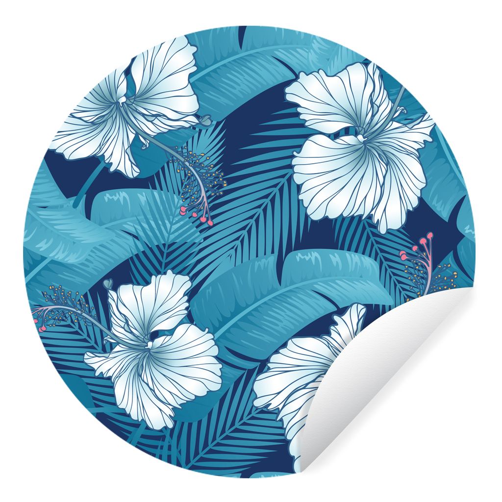 MuchoWow Runde Wandtattoo - Wandsticker Tapete Aufkleber Tropisch - Blumen - Blau Ø 100 cm Selbstklebend und Repositionierbar - Wandaufkleber - ...