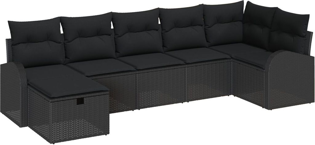 7-teiliges Gartensofa-Set mit Kissen Schwarz Poly Rattan, Gartensofas DesignMöbel Neu