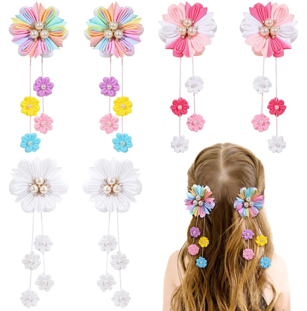 Barrettes nœuds en gros-grain fleuri avec pinces crocodile pour fille