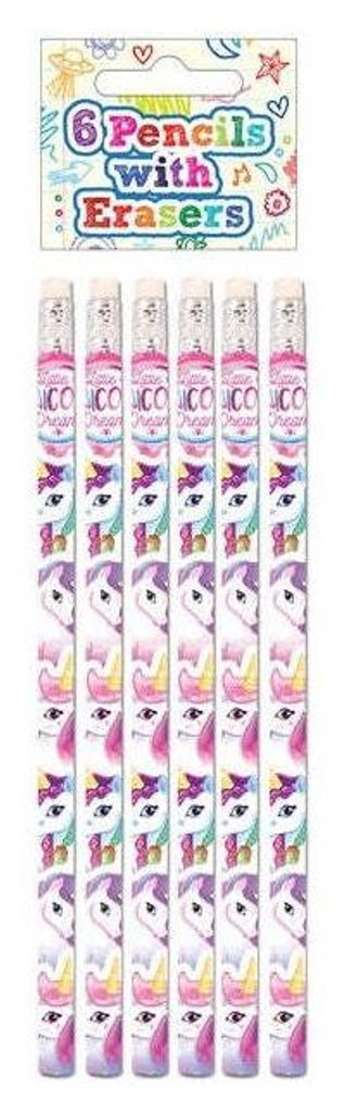 A package of six unicorn-themed pencils with erasers, displayed vertically.