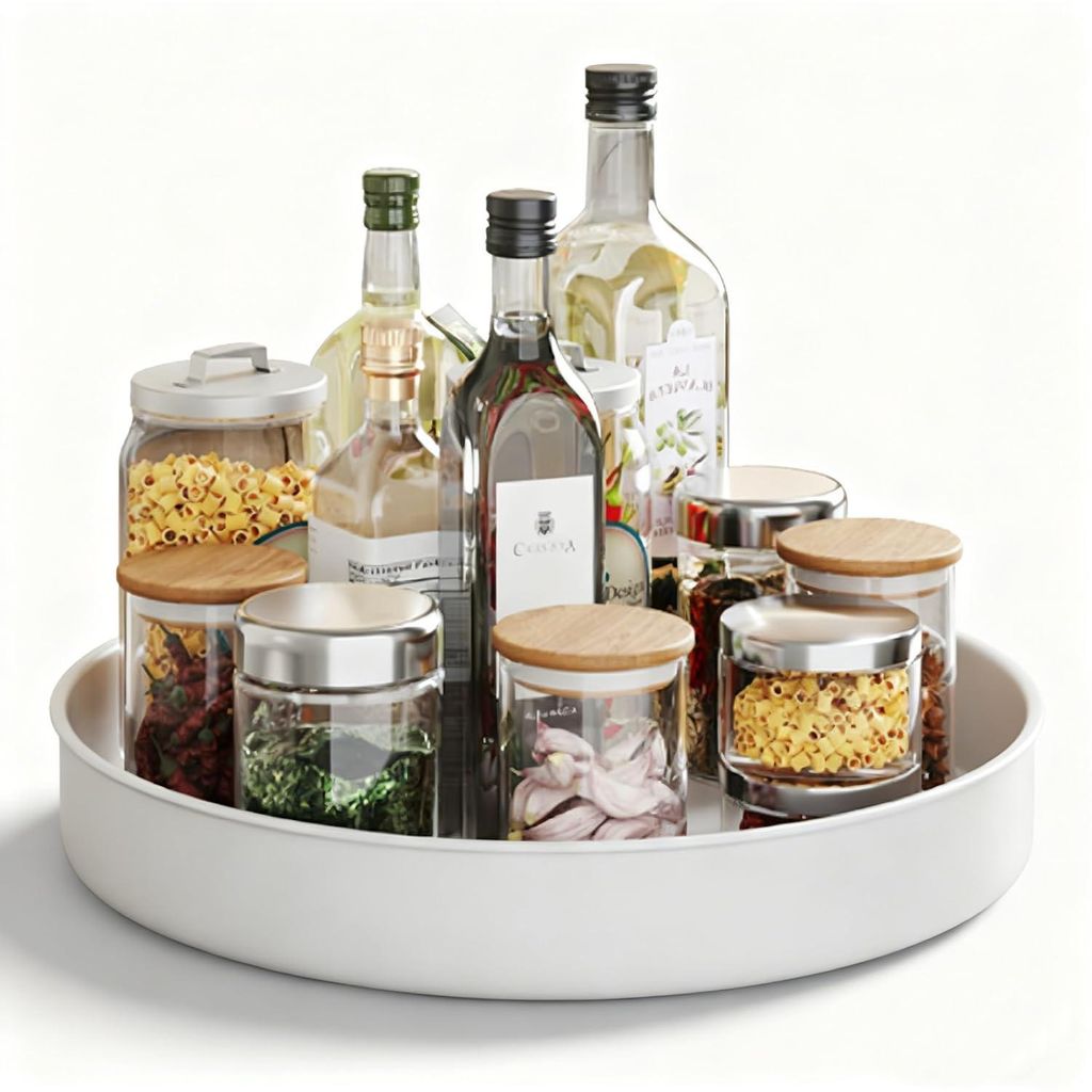 Küchenorganizer, um 360 Grad drehbarer Lebensmittelbehälter, Gewürzhalter aus Edelstahl (weiß/31 cm)