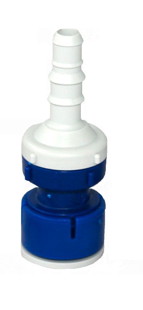 A product shot of a white and blue plastic fitting.