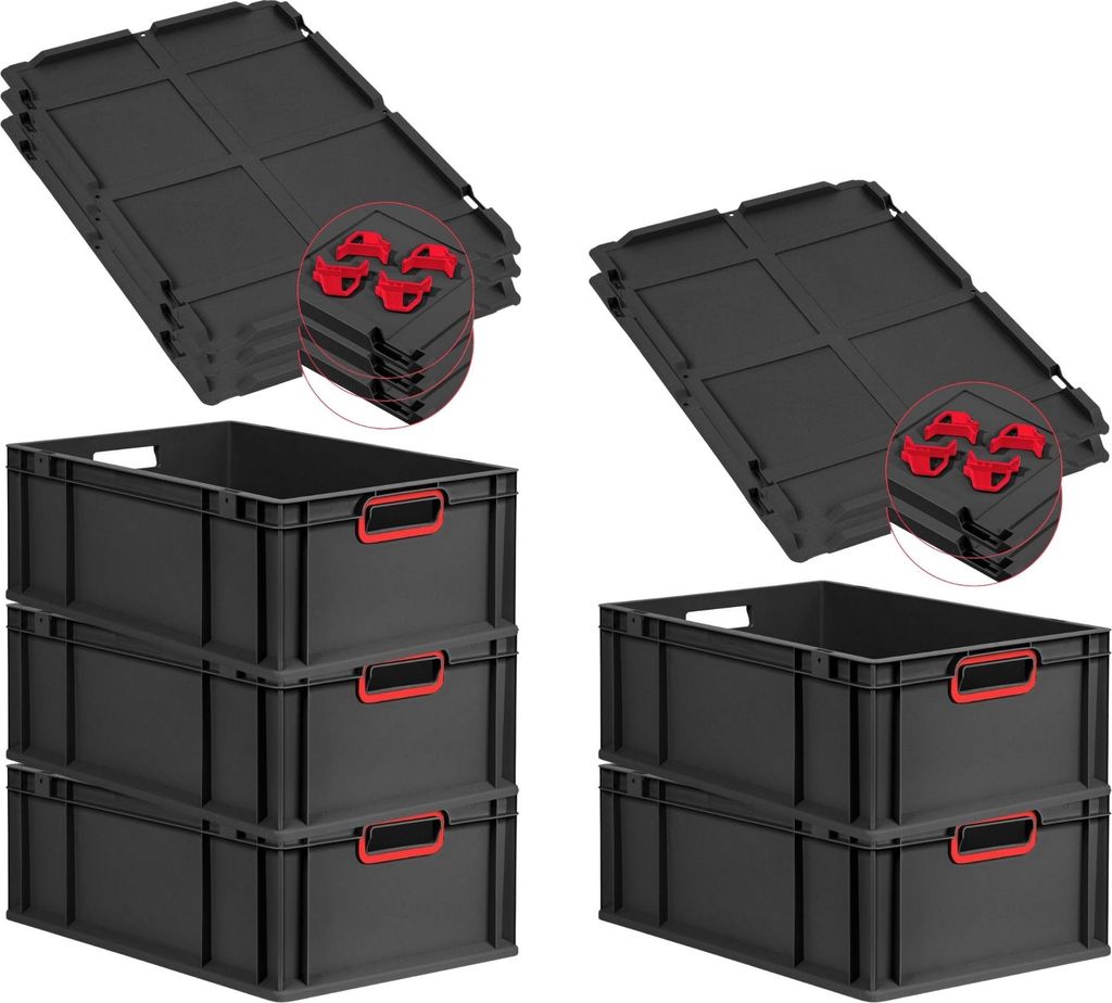 SparSet 5x Eurobox NextGen Color mit Auflagedeckel und Schiebeschnappverschlüsse | HxBxT 22x40x60cm | 44 Liter | Schwarz | Griffe rot offen | Vers...