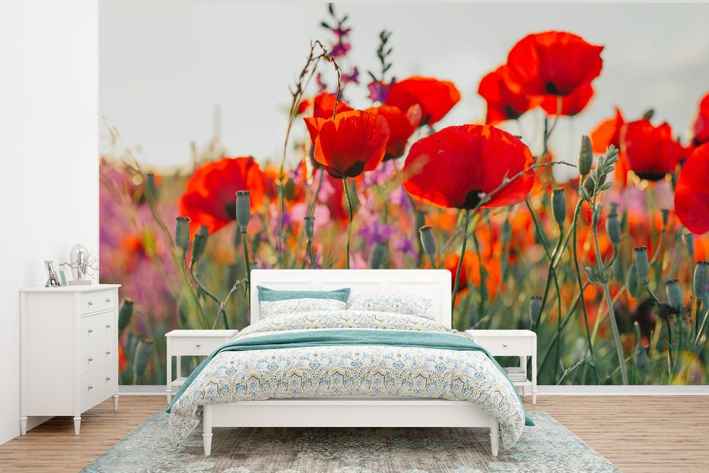 MuchoWow Fototapete für Wohnzimmer oder Schlafzimmer Wandtapete Vinyl Motivtapete Mohn - Blumen - Rot - Lila - Wiese - 320x240 cm - Tapeten