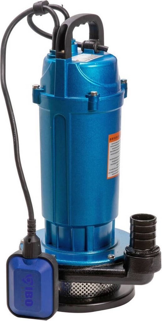 A blue submersible pump with a black float switch and hose adapter is shown against a white background.