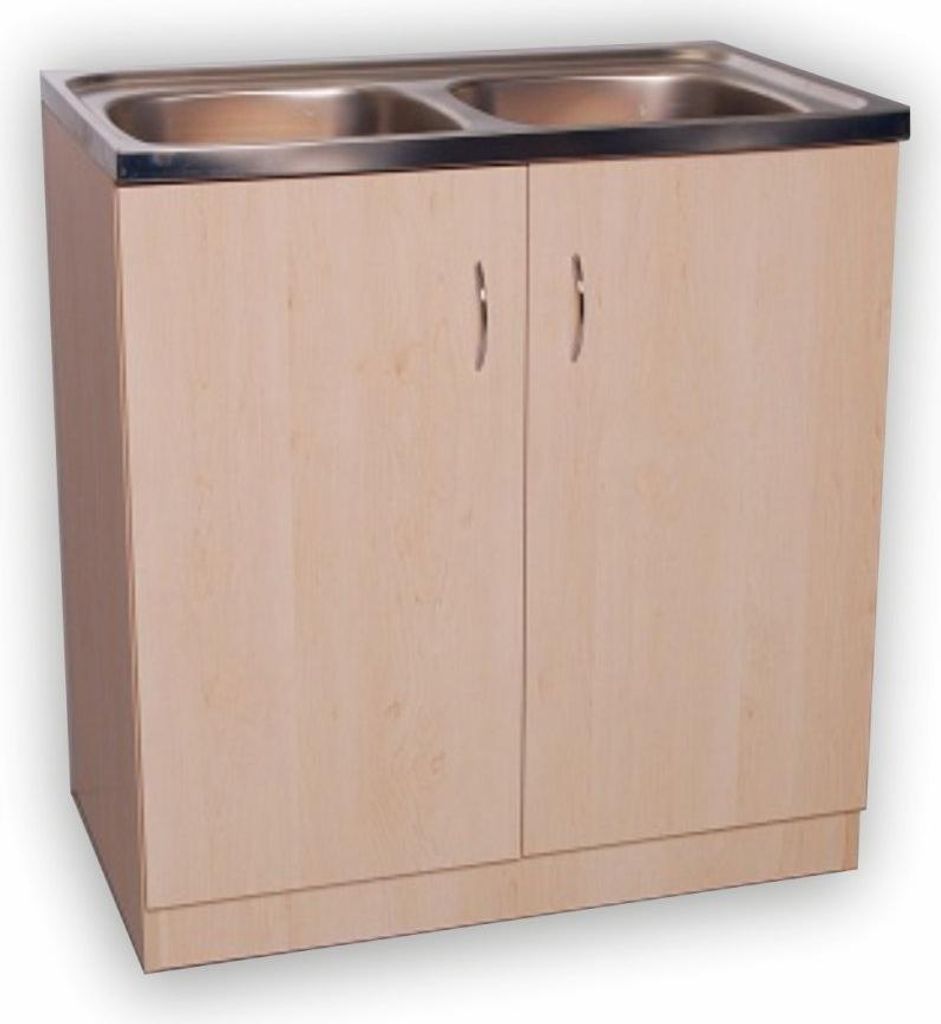 A double sink cabinet with light wood doors and silver handles, set against a white background.