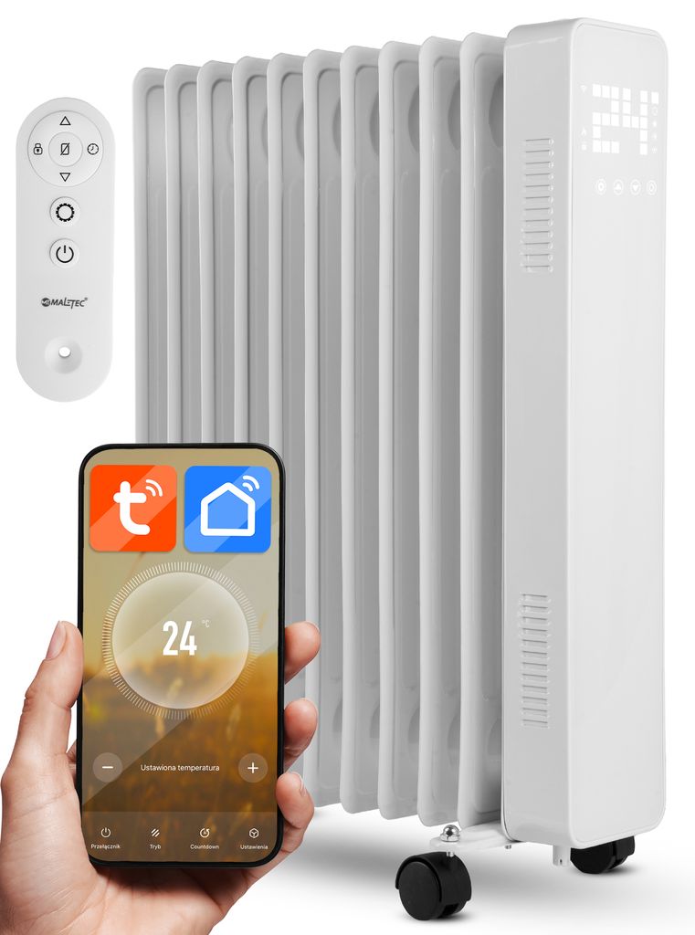 A white oil radiator with a remote control and a smartphone displaying a control app.