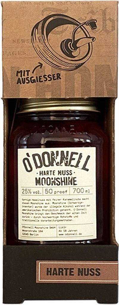 A bottle of O'Donnell Moonshine Harte Nuss with its packaging and an included pour spout.