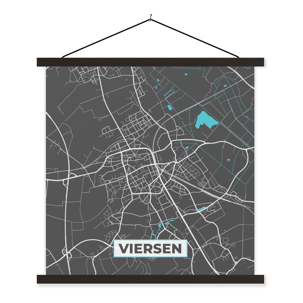 MuchoWow Textilposter Karte - Stadtplan - Viersen - Deutschland - Blau 120x120 cm mit schwarzem Rahmen - Aufhängungsset