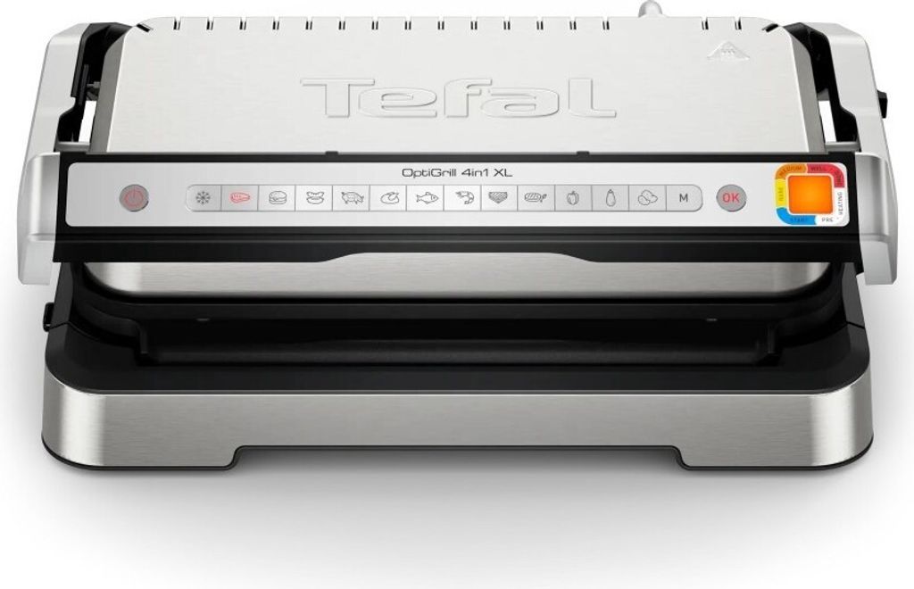 A front-on studio shot of a silver and black electric grill.