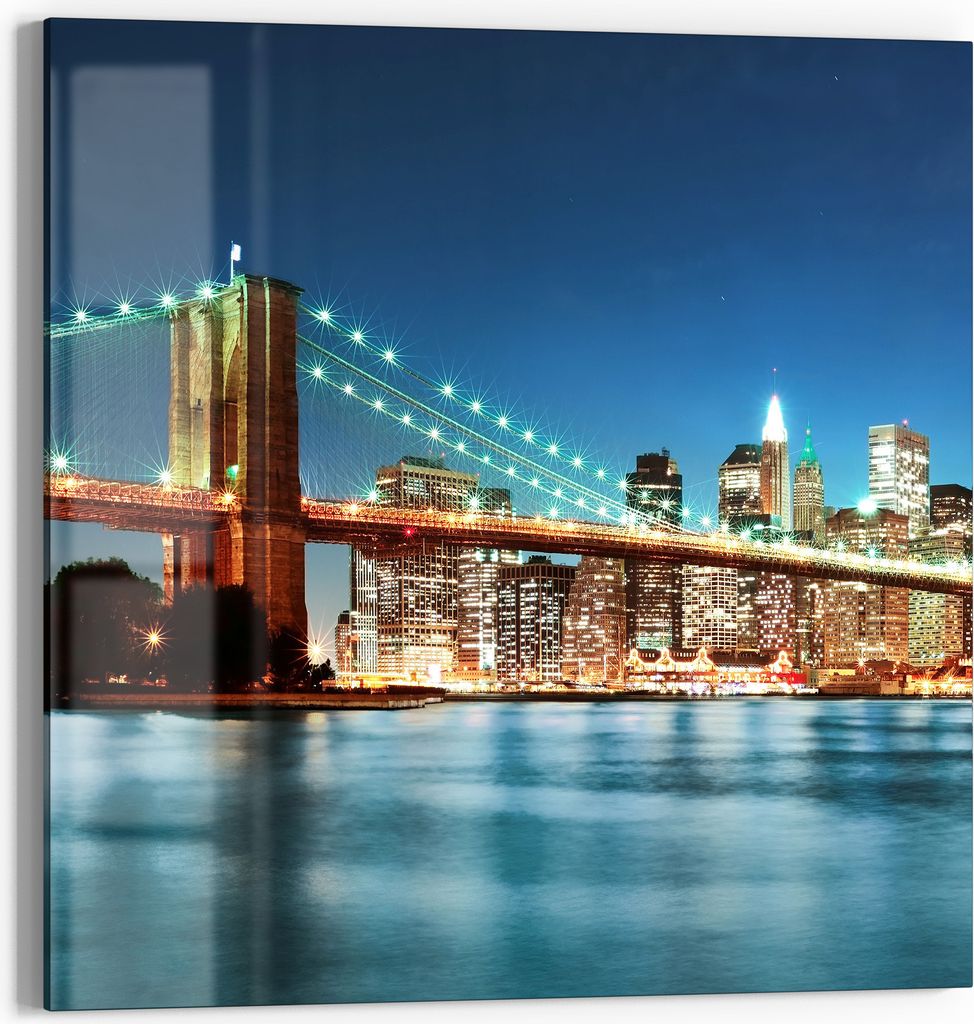 DEQORI Glasbild Echtglas 30x30 cm 'Lichter von Brooklyn' Wandbild Bild modern Deko