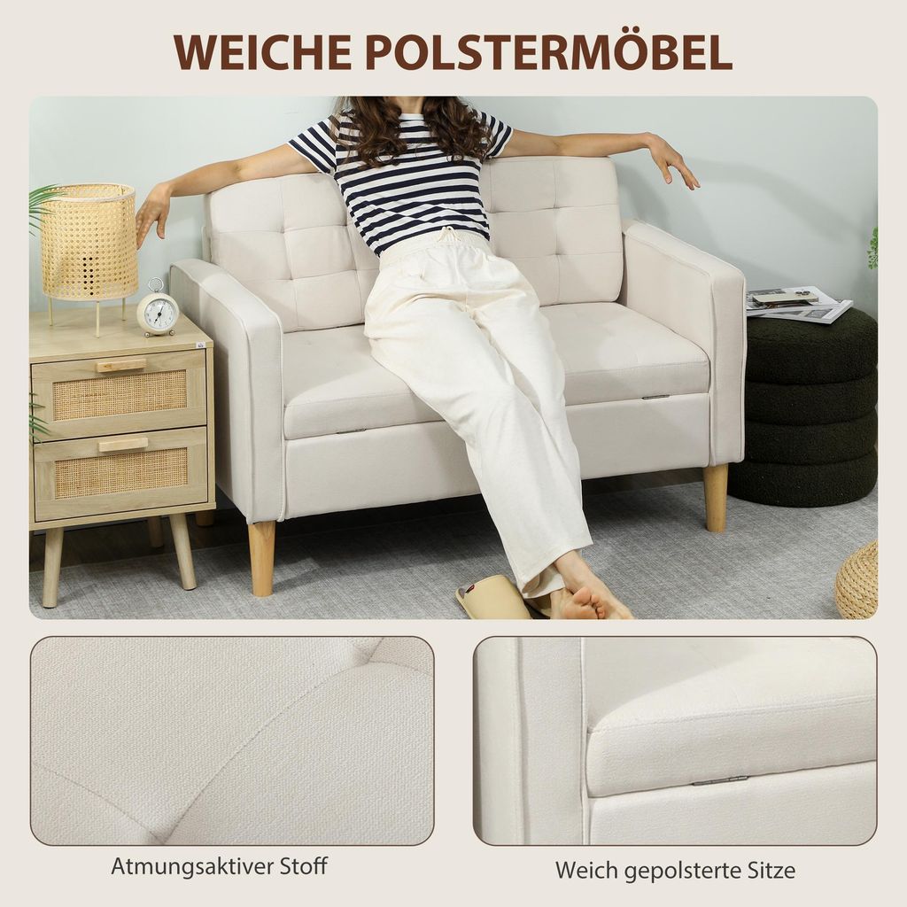 HOMCOM 2 Sitzer Sofa, Gepolstert Couch mit Stauraum