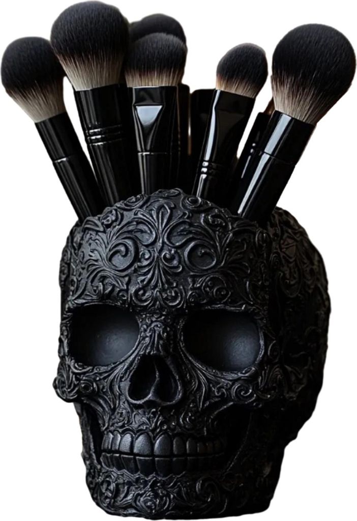 Make-up-Pinselhalter in Totenkopfform, großer Make-up-Pinselbehälter, stabile Harzkonstruktion, Aufbewahrungs-Organizer