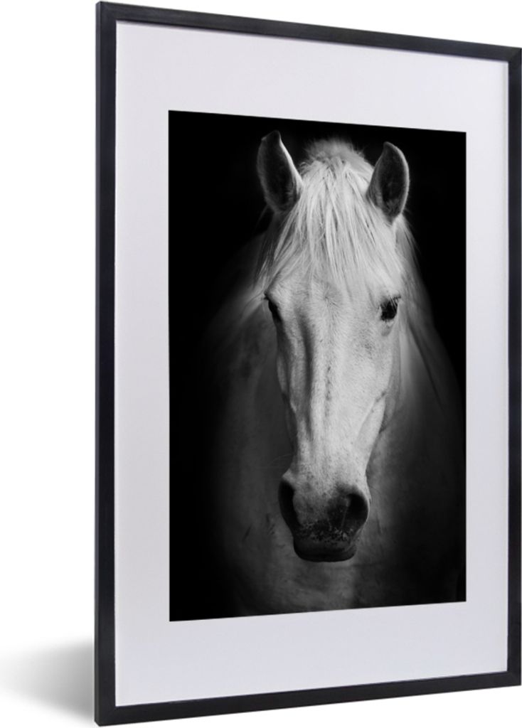 MuchoWow MuchoWow Gerahmtes Poster Pferd - Porträt - Schwarz - Weiß 40x60 cm - Poster mit zchwarzem Bilderrahmen - Poster in Rahmen