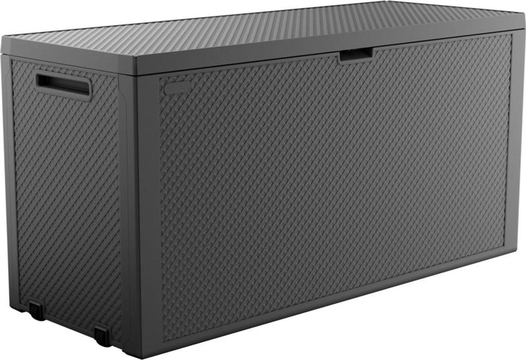 A dark gray storage box with a textured surface and lid, shown from a slight angle.
