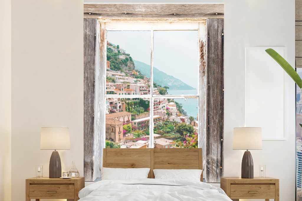 MuchoWow Fototapete für Wohnzimmer oder Schlafzimmer Wandtapete Vinyl Motivtapete Durchschauen - Italien - Blumen - 160x240 cm - Vinyltapete