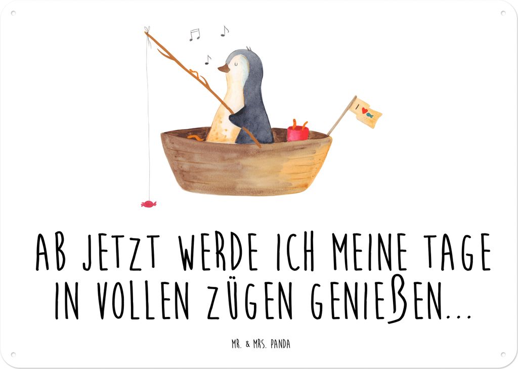 Mr. & Mrs. Panda Schild Pinguin Angelboot DIN A4 - Weiß - Geschenk, Neustart, Boot, Retro Blechschild, Pinguine, Wandbild, Angeln, Trennung, Optim...