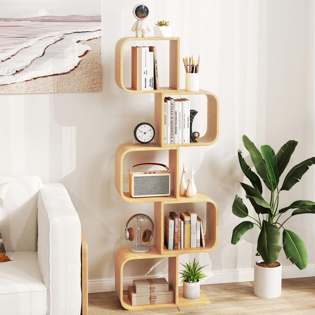 Bücherregal, S-förmiges Regal mit Würfeln, Lagerregal aus Bambus für Wohnzimmer, Heimbüro, Schlafzimmer, Würfelregal für Bücher, Natur (5 W...