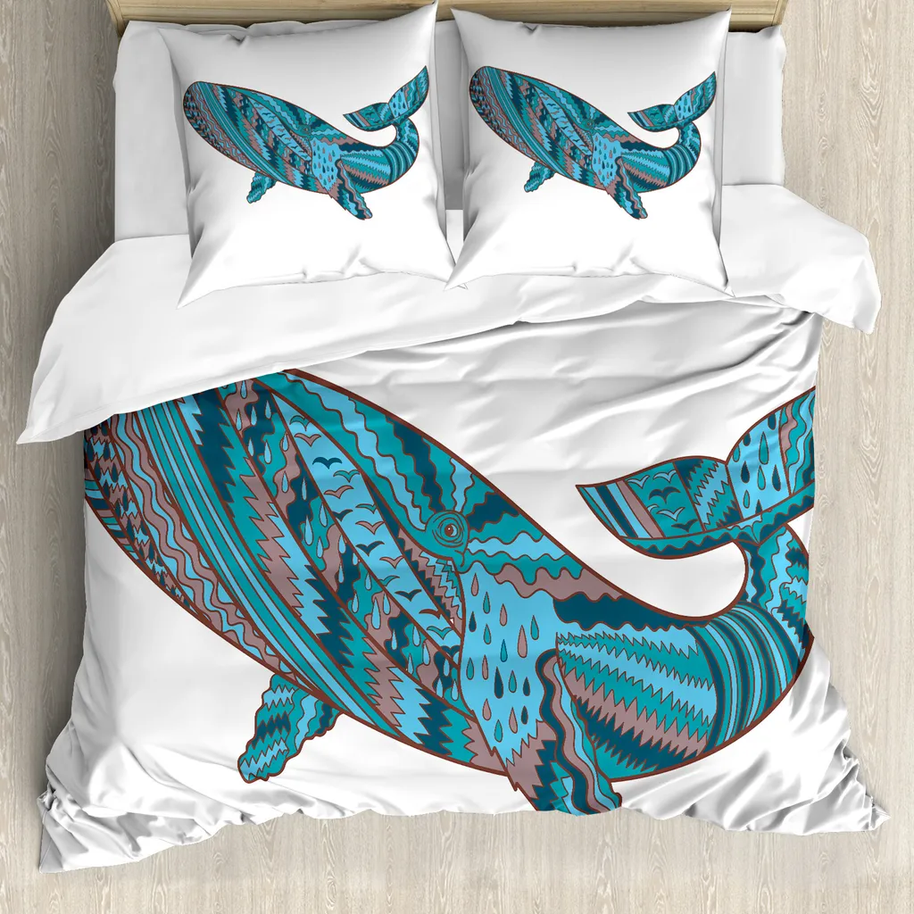 ABAKUHAUS Copripiumino moderno, balena megattera mare, antiacaro, adatto a chi soffre di allergie, con federe, 155 cm x 220 cm - 80 x 80 cm, blu verde acqua Rose essiccate - 1