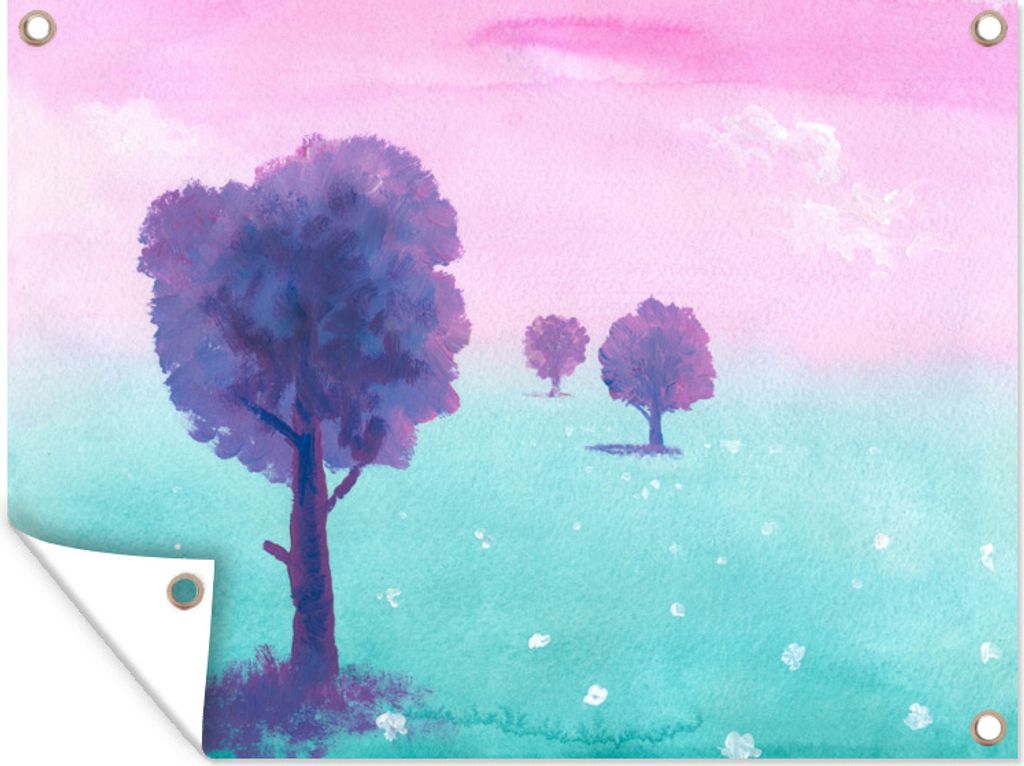 MuchoWow 40x30 cm Outdoor-Poster Gartendeko Sichtschutz Garten Poster für den Garten Illustration einer Landschaft unter einem rosa Himmel