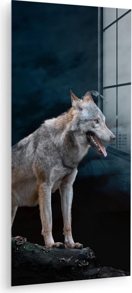 MuchoWow Glasbilder - Bilder auf Wandbild - Foto auf Glas Wolf - Mond - Nacht - Tiere - Porträt 60x120 cm Wanddekoration aus Glas - Acrylglasbild ...