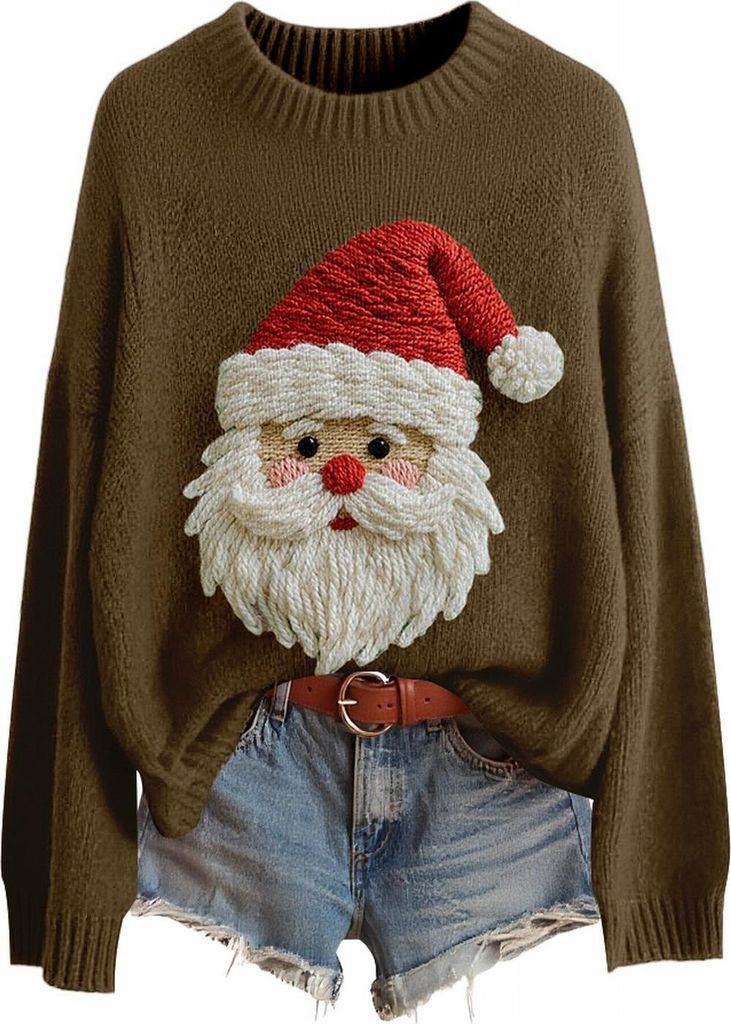 ASKSA Damen Weihnachtspullover,Strickpullover Rundhals Pulli Sweater Herbst Winter Warm Strickpulli Weihnachtspulli (D-Armeegruen,XXL)
