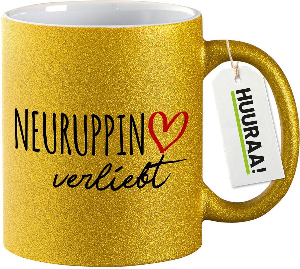 Huuraa Glitzertasse Neuruppin verliebt 330ml Gold Keramik Kaffeebecher Geschenkidee