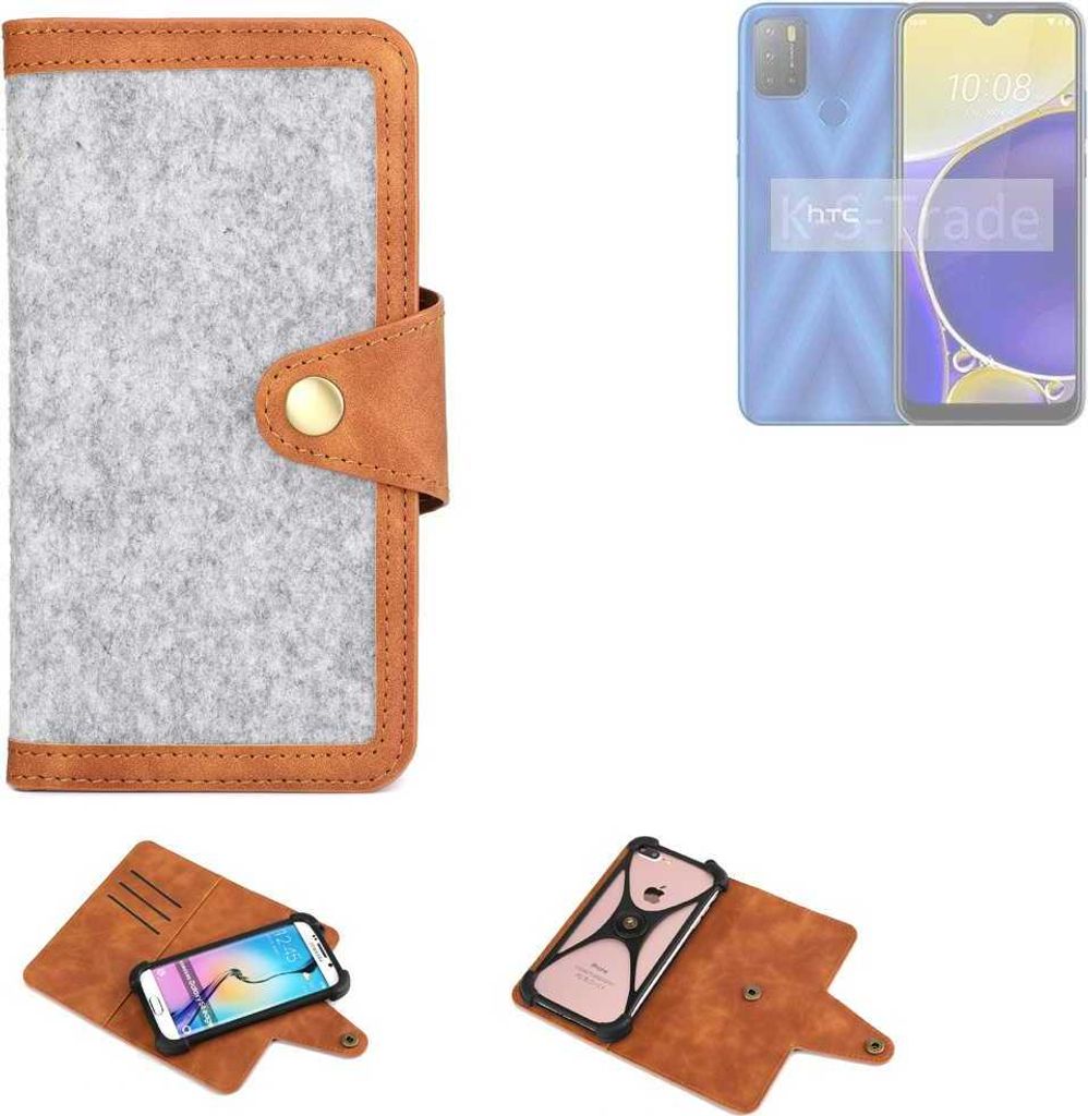 K-S-Trade Handyhülle kompatibel mit HTC Wildfire E2 Play Schutzhülle Filz-Hülle Kunst-Leder hellgrau braun (1x)