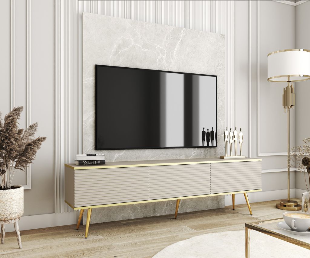 TV-Schrank Rodi - TV-Möbel mit 3 Klappen + MDF, Füße - TV-Lowboard 175 cm, Wohnzimmer, PUSH TO OPEN (Beige + Gold)