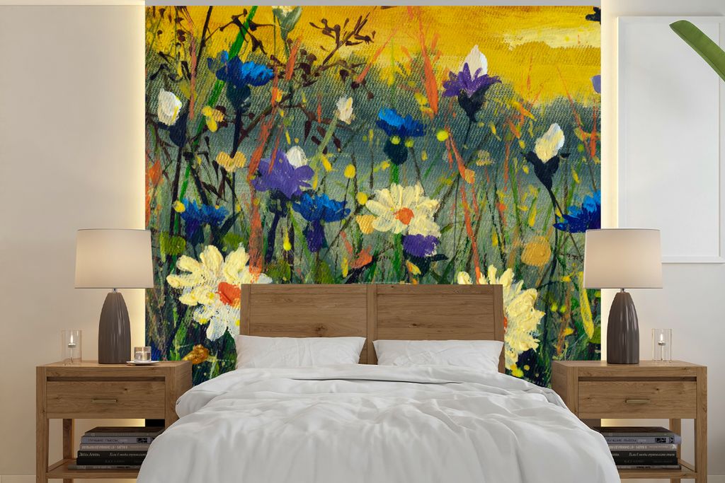 MuchoWow Fototapete für Wohnzimmer oder Schlafzimmer Wandtapete Vinyl Motivtapete Malerei - Ölfarbe - Natur - Blumen - 300x300 cm - Wanddekoration