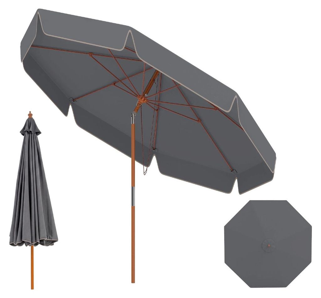 KOMFOTTEU 300 CM Gartenschirm, großer gewellter Sonnenschirm mit 30° verstellbarer Neigung per Druckknopf, Marktschirm mit Buche-Holzstock & 8 Gl...