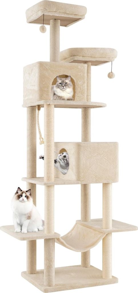 Hoher, mehrstufiger Katzenbaum mit Sisalstämmen, 2 Höhlen, Beige