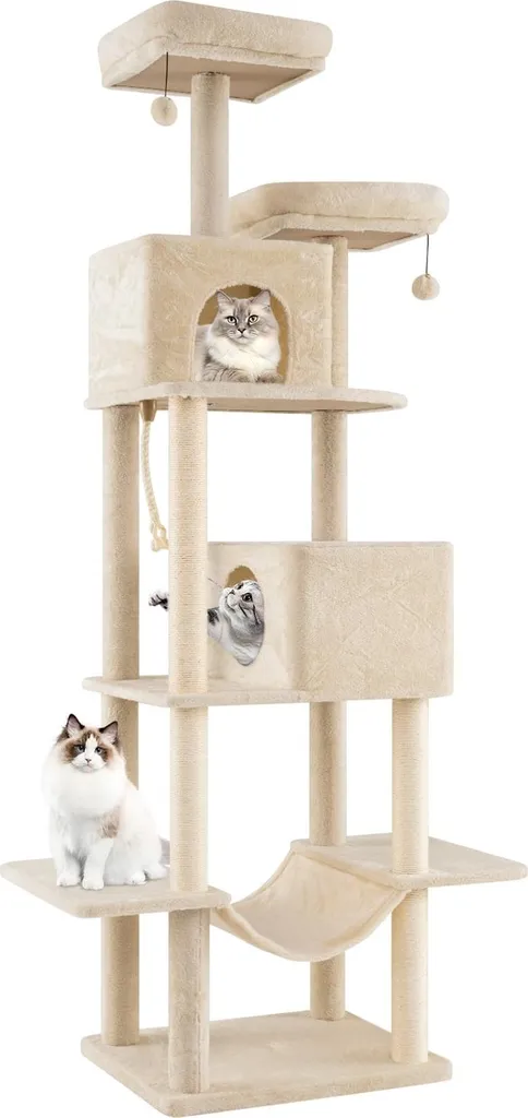 Arbre à chat beige pour jeu et repos - 2 niches et poteaux sisal