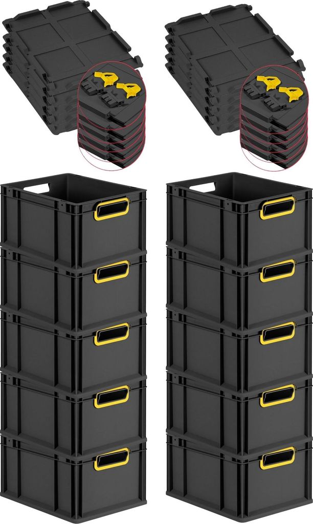 SuperSparSet 10x Eurobox NextGen Color mit Scharnierdeckel und Schiebeschnappverschlüssen | HxBxT 22x30x40cm | 20 Liter | Schwarz | Griffe gelb of...