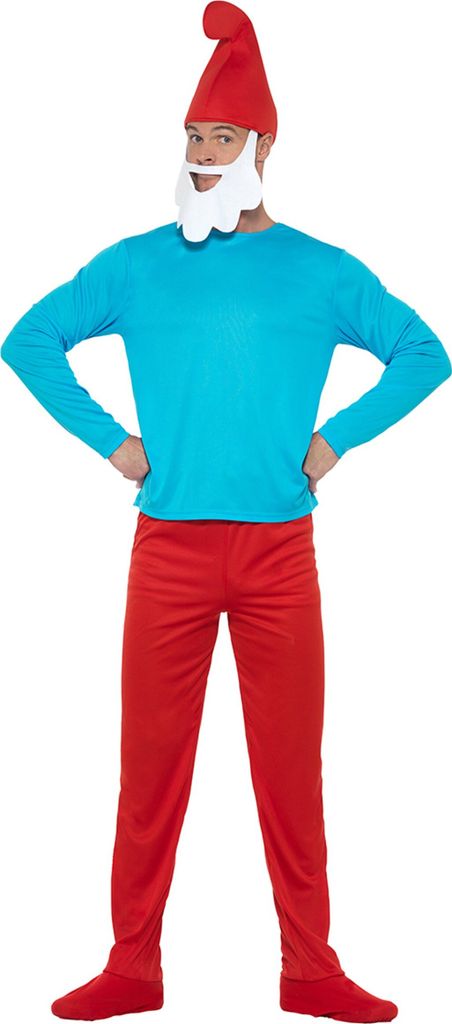 A man wearing a Papa Smurf costume.