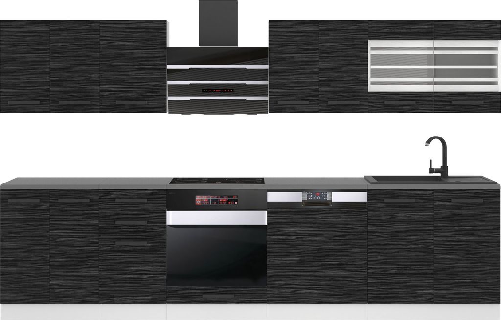 Belini Küchenzeile Küchenblock Lucy - Küchenmöbel 300 cm Einbauküche Vollausstattung ohne Elektrogeräten mit Hängeschränke und Unterschrän...