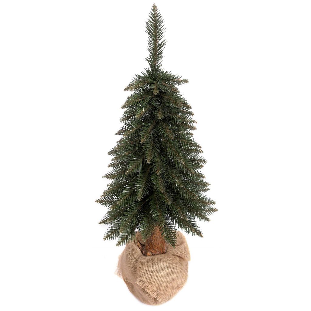 A full shot of a small artificial Christmas tree.