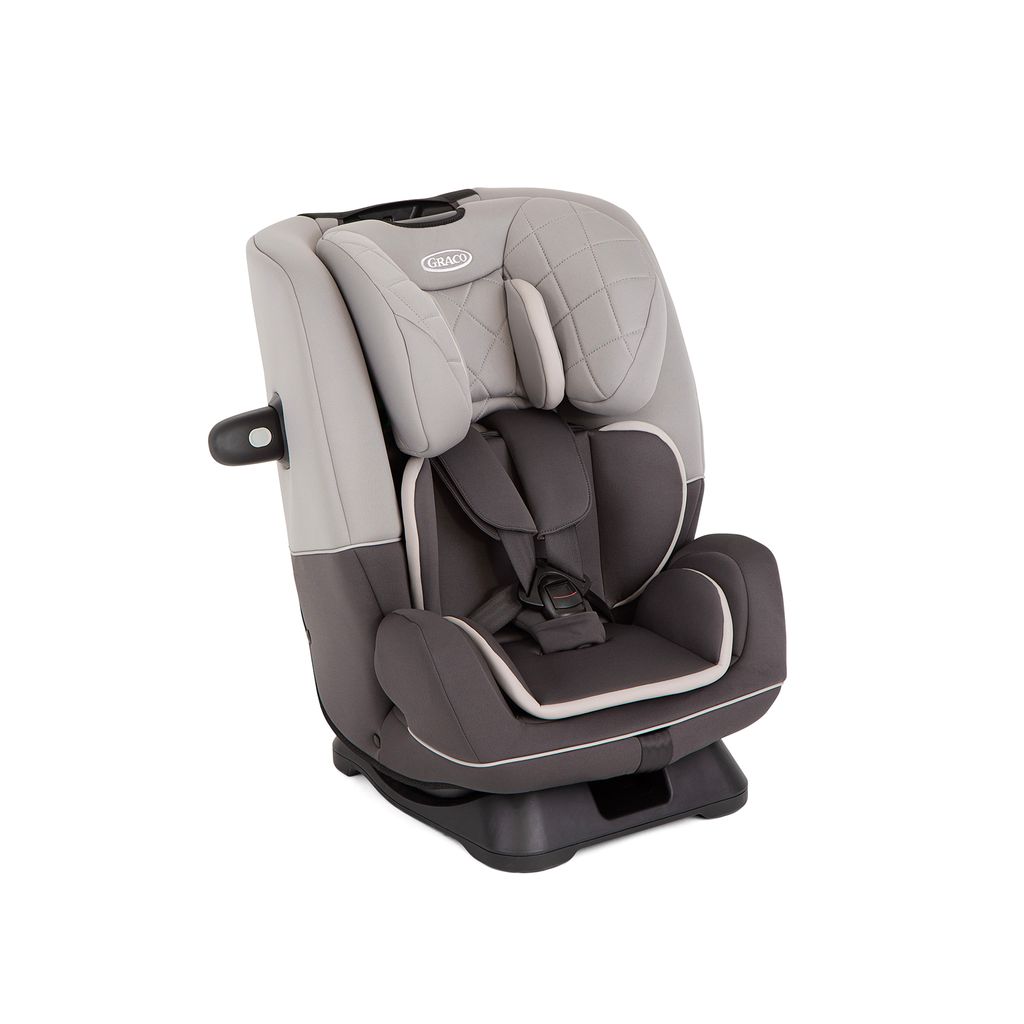 A studio shot of a car seat against a white background.
